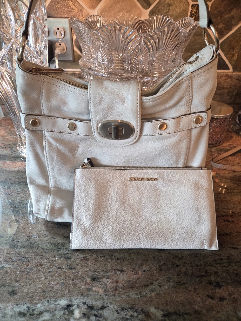 Michael Kors Cream Leather Shoulder Bag with Matching Wristlet